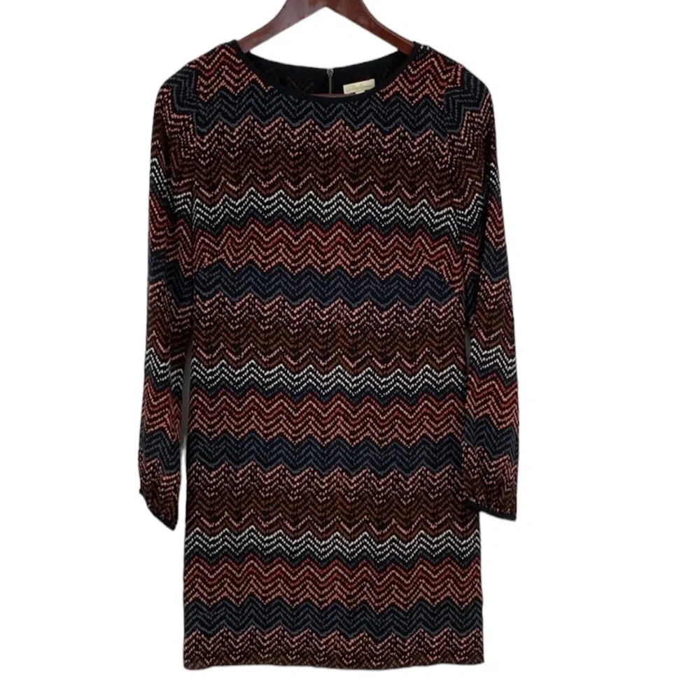 Shoshanna Shift Dress Women Sz 0 Black Gray Striped Aztec Long Sleeve Lined Mini
